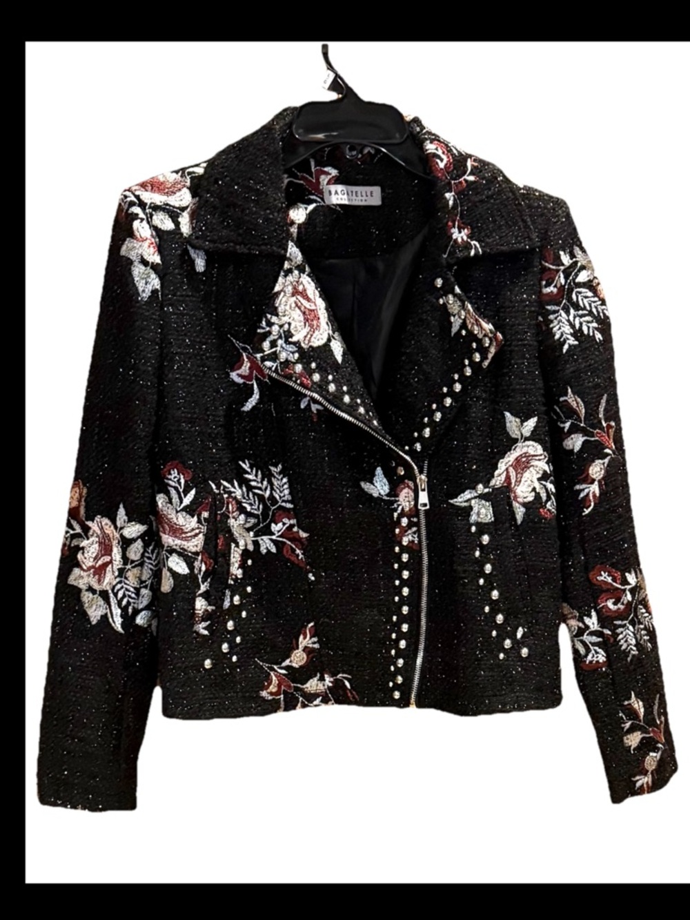 Bagatelle Black Shimmery Embroidered Roses Studded Jacket Blazer Size Medium